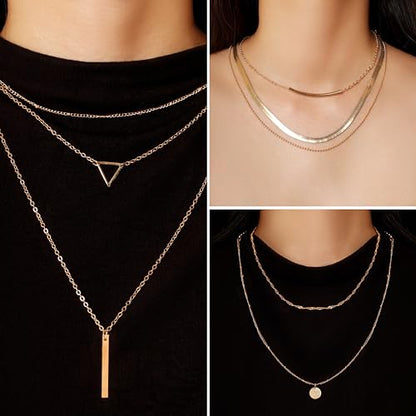 Fumwase Gold Jewelry Set for Women Fashion Costume Jewelry Multi Layered Necklaces Stackable Bracelets Hoop Earrings Knuckle Rings for Valentine Anniversary Birthday Gift Adult