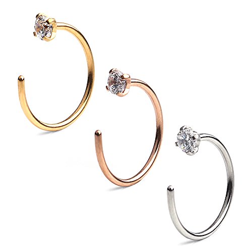 Ruifan 2.5mm Clear Diamond CZ Stainless Steel Body Jewelry Piercing Earrings Nose Hoop Ring Unisex 20 Gauge 8mm 10mm - style: 3PCS - 3/8"(10mm)