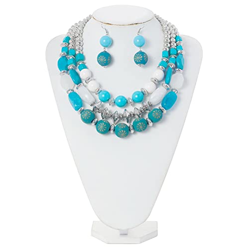 Bocar 3 Layer Chunky Statement Beaded Necklace and Earrings Set, Fashion Multi Layer Women Collar Necklace Jewelry Set - color: Cyan Blue-Silver