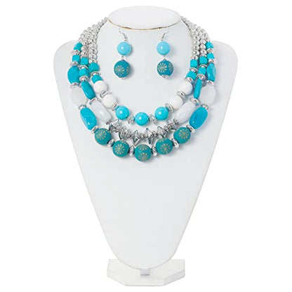 Bocar 3 Layer Chunky Statement Beaded Necklace and Earrings Set, Fashion Multi Layer Women Collar Necklace Jewelry Set - color: Cyan Blue-Silver