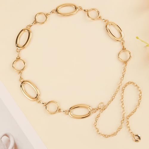 Waist Chain Belt Women Circle O-Ring Metal Link Body Chains Plus Size Gold Tone Chain Belt Fashion Waist Jewelry for Dress - color: Gold-43inch