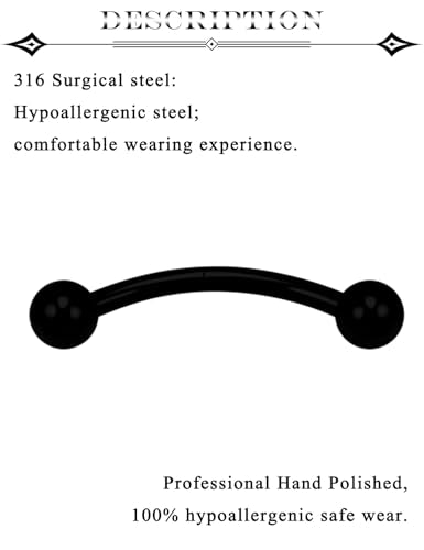 Eyebrow Piercing Jewelry Surgical Steel Vertical Labret Lip Jewelry Curved Barbell Tiny Eyebrow Rings Ear Rook Navel Small Belly Button Ring for Women Men 16g 6mm/8mm/10mm/12mm/14mm/16mm - color: black,ball