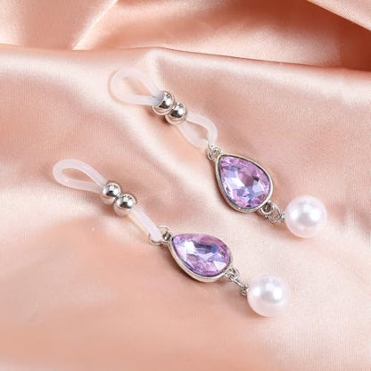 Pearls Nipple Rings Non Piercing, Purple Rhinestone Nipple Clips Adjustable Nipples Jewelry for Women, Non Pierced Pendant Faux Nipples Piercing Body Chains