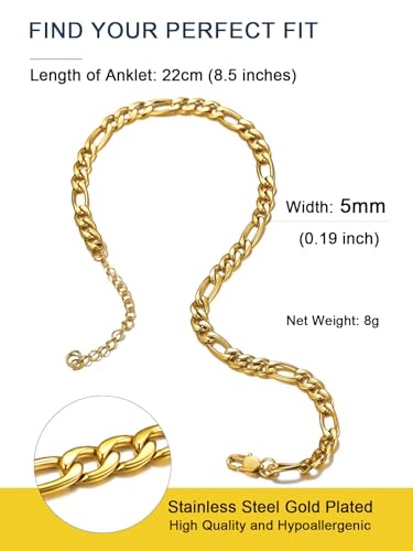 ChainsPro Resizable Anklet Chain for Women Men, Figaro/Wheat/Twist Rope/Cuban Foot Bracelet-Strong with Good Clasp-18K Gold Plated(Send Gift Box) - color: 03:figaro-5mm-gold plated