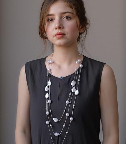 Errally Long Pearl Necklace and Earring Set Layered Pearl Beaded Necklaces for Women White Costume Jewelry Sets Gifts for Mom - color: Pear Shaped