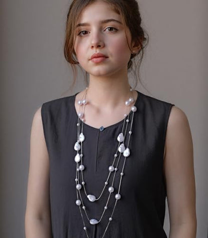 Errally Long Pearl Necklace and Earring Set Layered Pearl Beaded Necklaces for Women White Costume Jewelry Sets Gifts for Mom - color: Pear Shaped