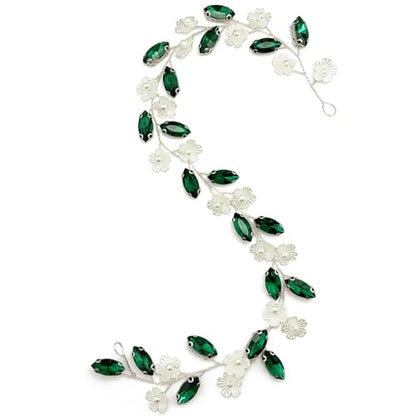 Bridal Crystal Flower Headband Wedding Rhinestone Pearl Floral Hair Vine Headpiece Accessories for Women Girls (Green Crystal Silver Vine) - color: Green Crystal Silver Vine