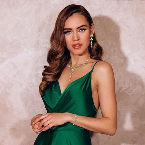 EVER FAITH Crystal Flower Wedding Prom Jewelry Set for Bride Bridesmaid | Rhinestone Costume Party Y-Shaped Necklace Dangle Earrings Bracelet, for Women - color: Light Green Silver-Tone