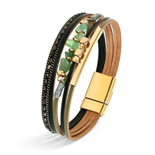 Wrapped Bracelets for Women,Leather Boho Bracelets for Women - color: Stone-Green
