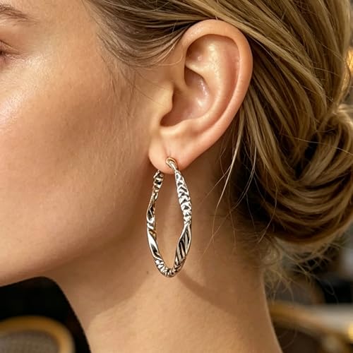 Women's Gold and Silver Twisted Hoop Earrings, 14K Gold Plated Textured Earrings, Hypoallergenic Lightweight Fashion Jewelry, Suitable for Daily Wear, Party, Wedding or as a Gift for Women - color: Silver
