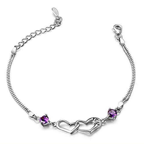 kelistom 925 Sterling Silver Bracelets for Women Teens, Love Heart Charm Chain Bracelet Bangle Fashion Jewelry Gifts - color: purple heart-2