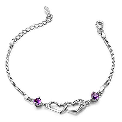 kelistom 925 Sterling Silver Bracelets for Women Teens, Love Heart Charm Chain Bracelet Bangle Fashion Jewelry Gifts - color: purple heart-2