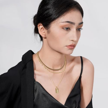 Layered Necklaces for Women | 14K Gold Plated Stackable Choker Necklace Set - Dainty Jewelry Gift - style: 3PCS-Gold Square layered necklaces