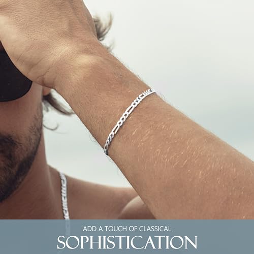 KISPER Solid 925 Sterling Silver Chain Bracelet for Men 5mm | Made in Italy, anti-tarnish, waterproof, hypoallergenic, nickel-free, 6.5-9 inches, cuban curb figaro links - size: 8 inches (Medium)