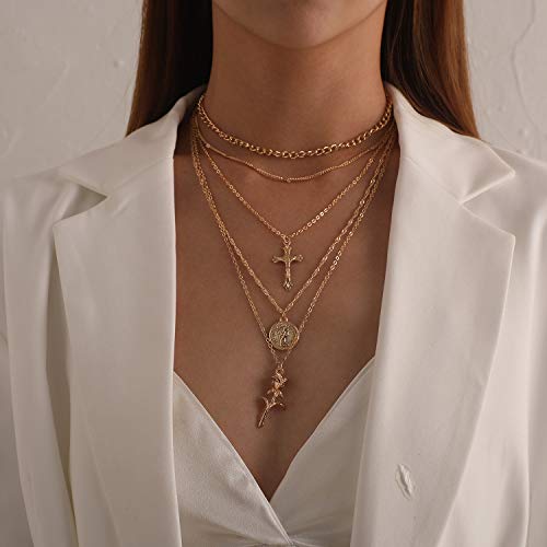 PLOUTOS Cross Coin Rose Layered Multi Chain Choker Necklace Set For Women Rhinestone Gold Silver Five Layer Adjustable Statement Fashion Chunky Boho Punk - color: Gold