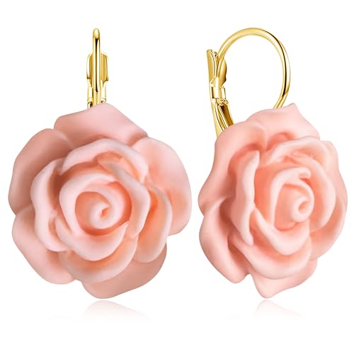 Handmade Bohemian Aesthetic Dainty Acrylic Flower Petal Leverback Earrings Sparkly 14K Gold Floral Dangle Drop Earrings for Women - color: Orange Pink