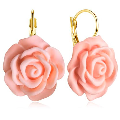 Handmade Bohemian Aesthetic Dainty Acrylic Flower Petal Leverback Earrings Sparkly 14K Gold Floral Dangle Drop Earrings for Women - color: Orange Pink
