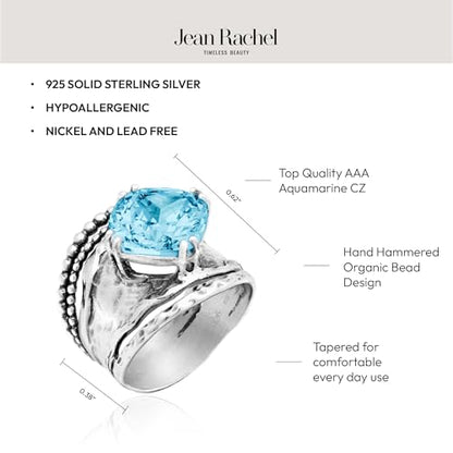 JEAN RACHEL JEWELRY 925 Sterling Silver Prong Solitaire Ring | Raised crown engagement style ring mounting a precision faceted brilliant Cubic Zirconia solitaire over stacked silver rows. - color: Aquamarine CZ