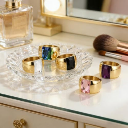 OIDIMS Stunning Large Statement Glass Crystal Rhinestone Band Cocktail Ring Cubic Zirconia Stainless Steel Thick Chunky for Women Men18k Gold Plated Friend Graduation Gift Evening Party - color: Purple, size: 6