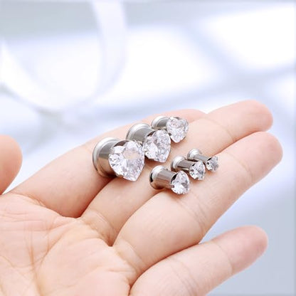 Astm F136 Titanium Heart CZ Ear Gauges Screw Fit Flesh Tunnels Plugs Gauges Earring Expander Stretcher Ear Tunnels For Ears 10G 8G 6G 4G 2G 0G 00G Plug Earrings Piercing Jewelry For Women Men - color: 2G Gauges