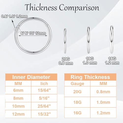 Nose Rings 20G 18G 16G 316L Surgical Steel Hinged Clicker Segment Nose Hoop Helix Cartilage Daith Tragus Sleeper Earrings Body Lip Piercing Jewelry for Women Men 6mm 7mm 8mm 10mm 12mm - style: 07:Silver-16G*6/8/10/12mm(8pcs)
