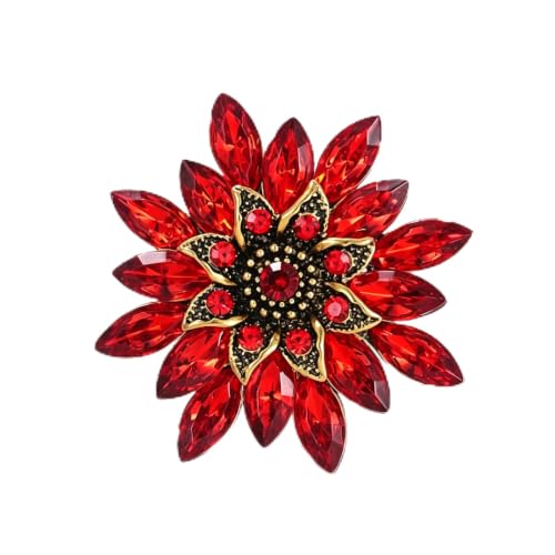 Crystal Flower Brooch Pin for Women Rhinestone Floral Lapel Jewelry - color: red