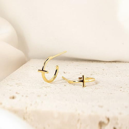Me&Hz Gold Huggie Earrings Small Huggie Hoop Earrings for Women 14K Gold Plated Hypoallergenic Cubic Zirconia Huggies Mini Silver Hoop Earring for Women - color: Gold,Cross