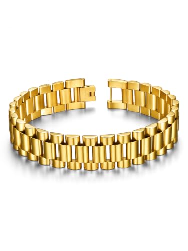 ChainsHouse Men Stainless Steel Bracelet Adjustable Custom ID Engraved Gift | Personalized Silver/Gold/Black for Birthday Father Husband Boyfriend with Gift Box Adjustable Tool 10mm/15mm/15.5mm 8.3"/8.7" - color: H.15.5mm Width-Gold-No Custom