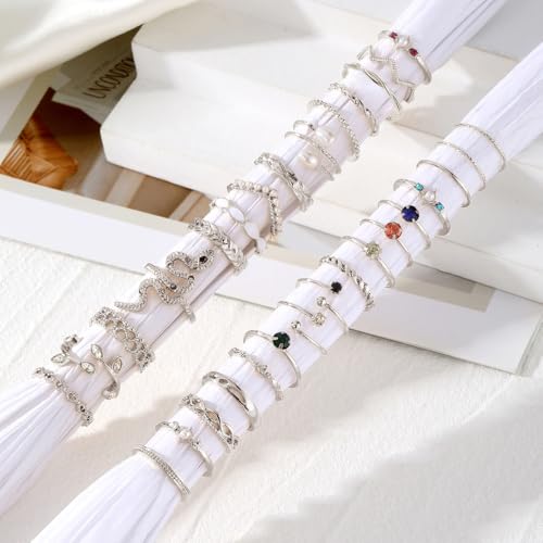 Layering Rings for Women, Adjustable Stainless Steel Joint Finger Cubic Zirconia Stackable Thumb Rings Band for Statement Open Knuckle Stacking for Women - color: Silver CZ 30PCS