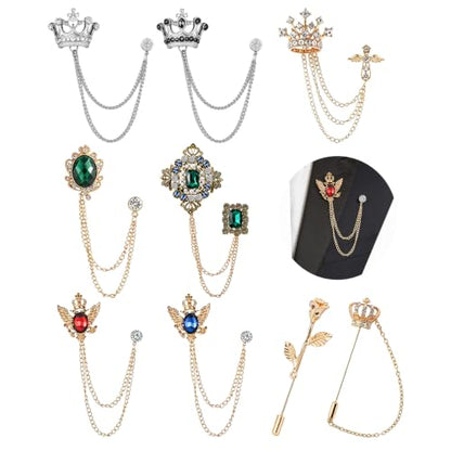 9PCS Men's Brooch Suit Pin with Chains Suit Tuxedo Accessory for Men | Crystal Rhinestone Crown Hanging Chain Brooch with Stone Detailing