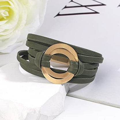 hotoo Circle Charm Bracelets for Women Handmade Leather Wrap Bracelets for Couples Friendship Bracelet Bohemian Cuff Bangle Boho Jewelry Gift - color: Dark Green