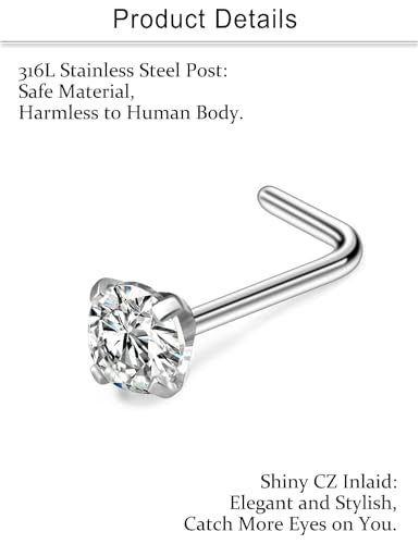 Cisyozi 18G Nose Rings Studs Hypoallergenic Nose Piercings 316L Surgical Steel Silver Nose Rings Set L Shaped Nose Nostril Piercing Jewelry for Women Men Diamond CZ 1.5mm 2mm 2.5mm 3mm 3.5mm 4mm - color: 18G - Silver - CZ 1.5mm 2mm 2.5mm 3mm 3.5mm 4mm