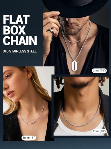 PROSTEEL Stainless Steel Flat Box Link Chain Necklace for Men | Silver/Black/18K Gold Plated,2/3/4/5/6/7/8mm Width Chain with Strong Lobster Clasp/Waterproof Men Women Jewelry with Gift Box - size: 28 inch(71cm), style: 2mm-Elegant Silver