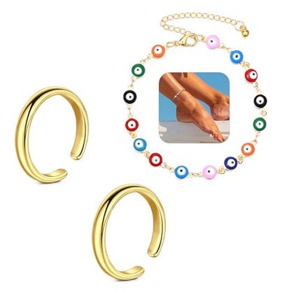 Briana Williams Toe Rings for Women Gold Silver Toe Ring Non Tarnish Ankle Bracelets for Women Waterproof Anklet & Toe Ring Set Trendy Summer Beach Foot Jewelry - color: B1 -2pcs toe rings + anklets, gold