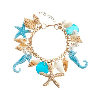 RUOFFETA Shell Starfish Necklace Bracelet Conch Statement Chunky Necklace Mermaid Costume Jewelry Beach Jewelry for Women - style: Bracelet Blue