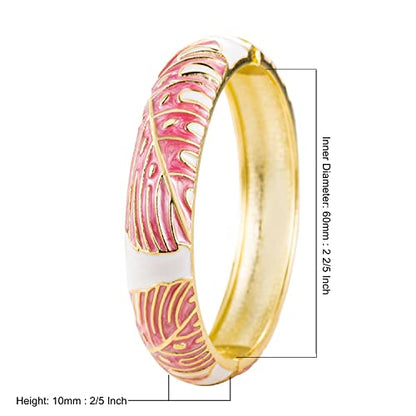 Hawaiian Monstera Luau Leaves Hinged Clasp Fashion Enamel Bangle Bracelet - color: Pink
