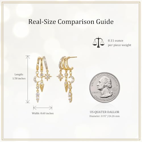 Sonateomber Gold Silver Small Hoop Dangle Earrings for Women, Trendy Dainty Rhinestone CZ Dangling Prom Wedding Leaf Flower Snowflake Butterfly Starfish Fashion Jewelry Gift - color: Celestial Star