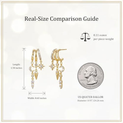 Sonateomber Gold Silver Small Hoop Dangle Earrings for Women, Trendy Dainty Rhinestone CZ Dangling Prom Wedding Leaf Flower Snowflake Butterfly Starfish Fashion Jewelry Gift - color: Celestial Star