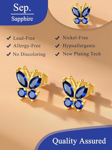 Suplight Butterfly Stud Earrings 925 Sterling Silver 14K Gold Brithstone Earrings for Women Brithstone Jewelry Gifts - color: 09.September ( Sapphire), size: Gold
