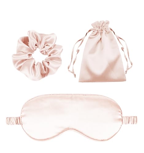 3Pcs Satin Eye Mask Silk Sleep Masks Set Silky Blindfold Eyeshade Blackout Eyes Cover Pouches Bag Scrunchy Wedding Gift - color: Pale Blush