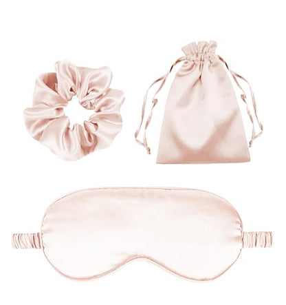 3Pcs Satin Eye Mask Silk Sleep Masks Set Silky Blindfold Eyeshade Blackout Eyes Cover Pouches Bag Scrunchy Wedding Gift - color: Pale Blush