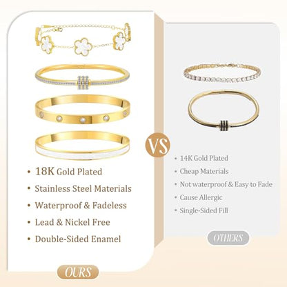 MOINSPIRE Gold Bracelets for Women, 18K Gold Plated Tennis Nail Clover love Bangle Bracelets Set Non Tarnish, Stainless Steel Trendy Stackable Bracelet Fashion Jewelry Accessories Gifts for Christmas - color: C2-White