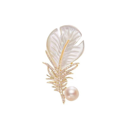 Rhinestone Feather Brooch Pin for Men Women Gold Silver Plated Elegant Delicate Leaves Hat Bag Suit Tie Crystal Pearl Lapel Brooches Trendy Jewelry Gifts (Gold)