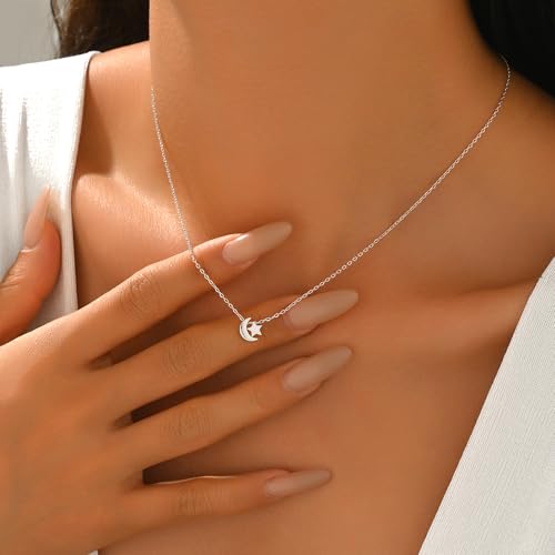 925 Sterling Silver Dainty Moon Star Necklace For Womem | 14k Gold Plated Charm Crescent Moon and Star Pendant Choker Necklaces to Daughter Mother Jewelry Gift for Birthday Wedding - color: Silver