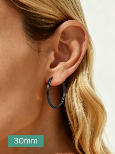 ChicSilver 925 Sterling Silver Hoop Earrings for Women Hypoallergenic, Lightweight Large Gold Plated Silver Hoop Earrings, Endless Hoops Earring 20/30/40/50/60/70MM - color: A. High Polished Black, size: 30mm