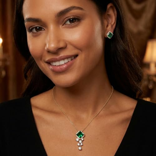 Gold Silver Stud Earrings Pendent Necklace Sets for Women, Dainty Rhinestone Crystal Necklace Earing Jewelry Set Wedding Accessories Fashion Holiday Gift - color: Simulate Emerald