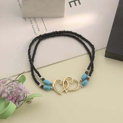 Elastic Beaded Ankle Bracelets for Women Double Heart Layered Stretch Ankle Bracelets Waterproof Dainty Boho Beaded Anklets for Summer Beach Foot Jewelry - color: Black Gold