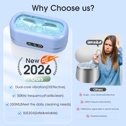 Professional Ultrasonic Jewelry Cleaner with Digital Timer,50KHz Ultrasonic Cleaner Machine with 304 Stainless Steel for Jewelry,Eyeglasses, Rings, Coin, Watch Strap, Dentures, Hygiene Items (Blue)