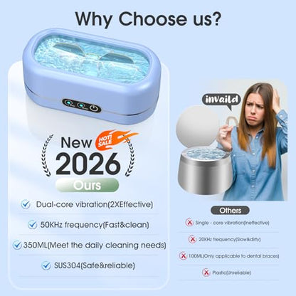 Professional Ultrasonic Jewelry Cleaner with Digital Timer,50KHz Ultrasonic Cleaner Machine with 304 Stainless Steel for Jewelry,Eyeglasses, Rings, Coin, Watch Strap, Dentures, Hygiene Items (Blue)