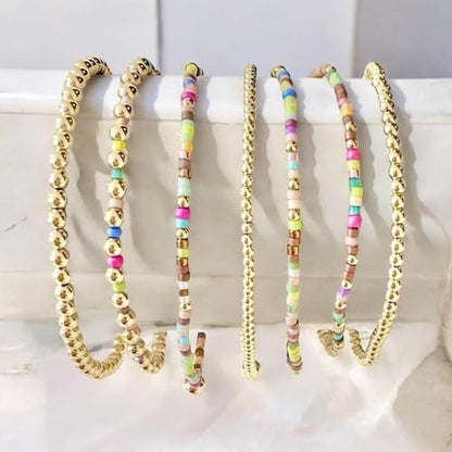 8PCS Colorful Gold Beaded Bracelets for Women Handmade Boho Stretch Stackable Colorful Gold Plated Ball Seed Beads Bracelet Stack Trendy Jewelry Set Prom Friendship Gift